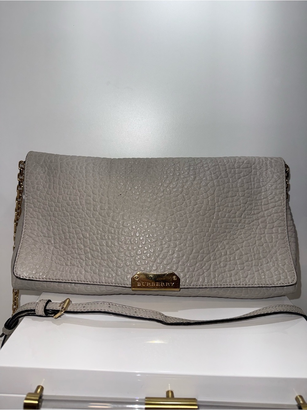 Burberry Pebbled Leather and Suede Clutch in Light Gray with Gold Hardware